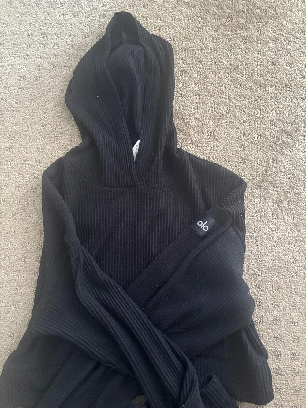 ALO Yoga Black Cropped Ribbed Hoodie Top